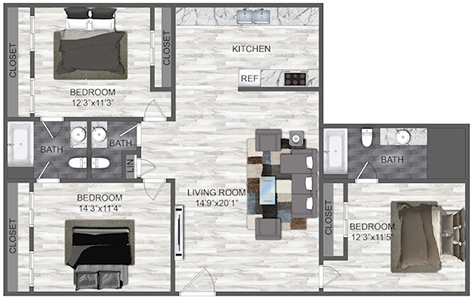 C1 - Three Bedroom / Two Bath - 1,281 Sq. Ft.*